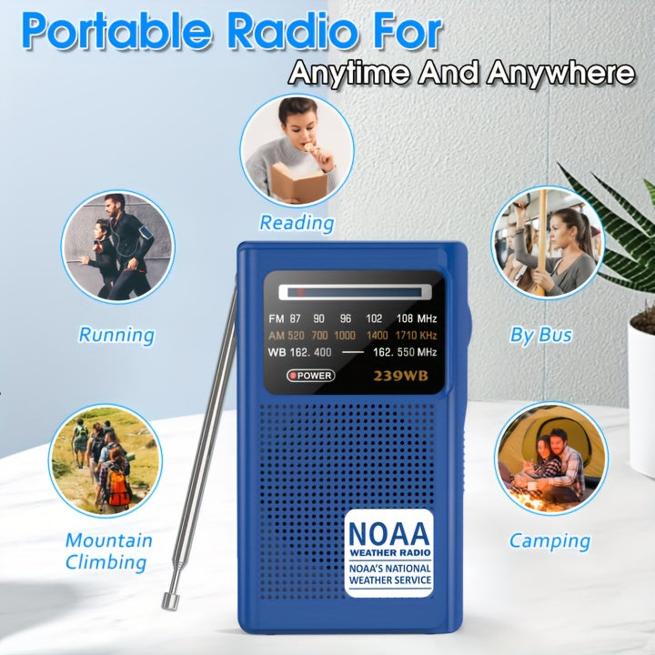 NOAA Weather Radio, AM FM Radio Battery Operated By 2 AA Transistor Radio With Best Reception, Stereo Earphone Jack, For Emergency, Hurricane, Running, Walking, Home, Winter Storm(Blue)