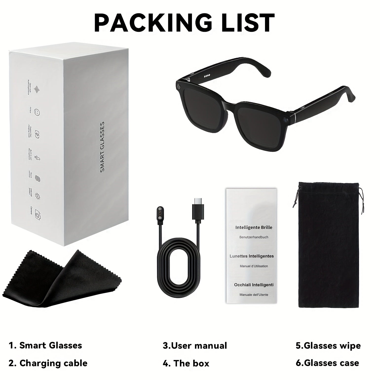 [AI Smart Glasses] AI Smart Glasses | 4K Camera, Real-Time Translation & Object Recognition, Open-Ear Audio, Ultra-Light Design, Max 8hrs Playtime for Outdoor, Work, Travel, Business - Black