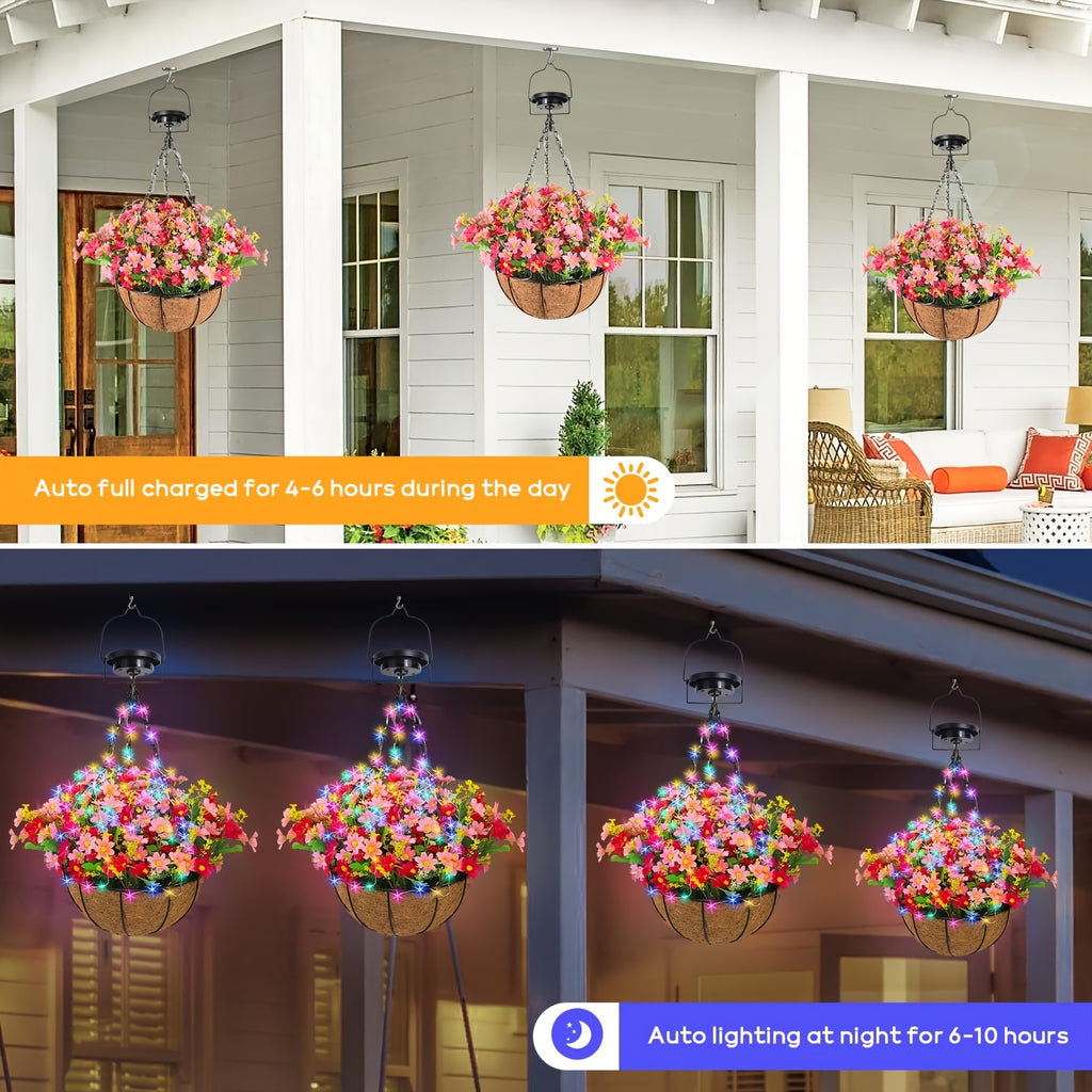 Solar Hanging Flower Basket Lights, Artificial Flowers with Solar RGB String Lights 10 Inch Coconut Hanging Flower Basket with Artificial Pink/Purple/Orange Flowers for Patio Lawn Garden Decorative Lights