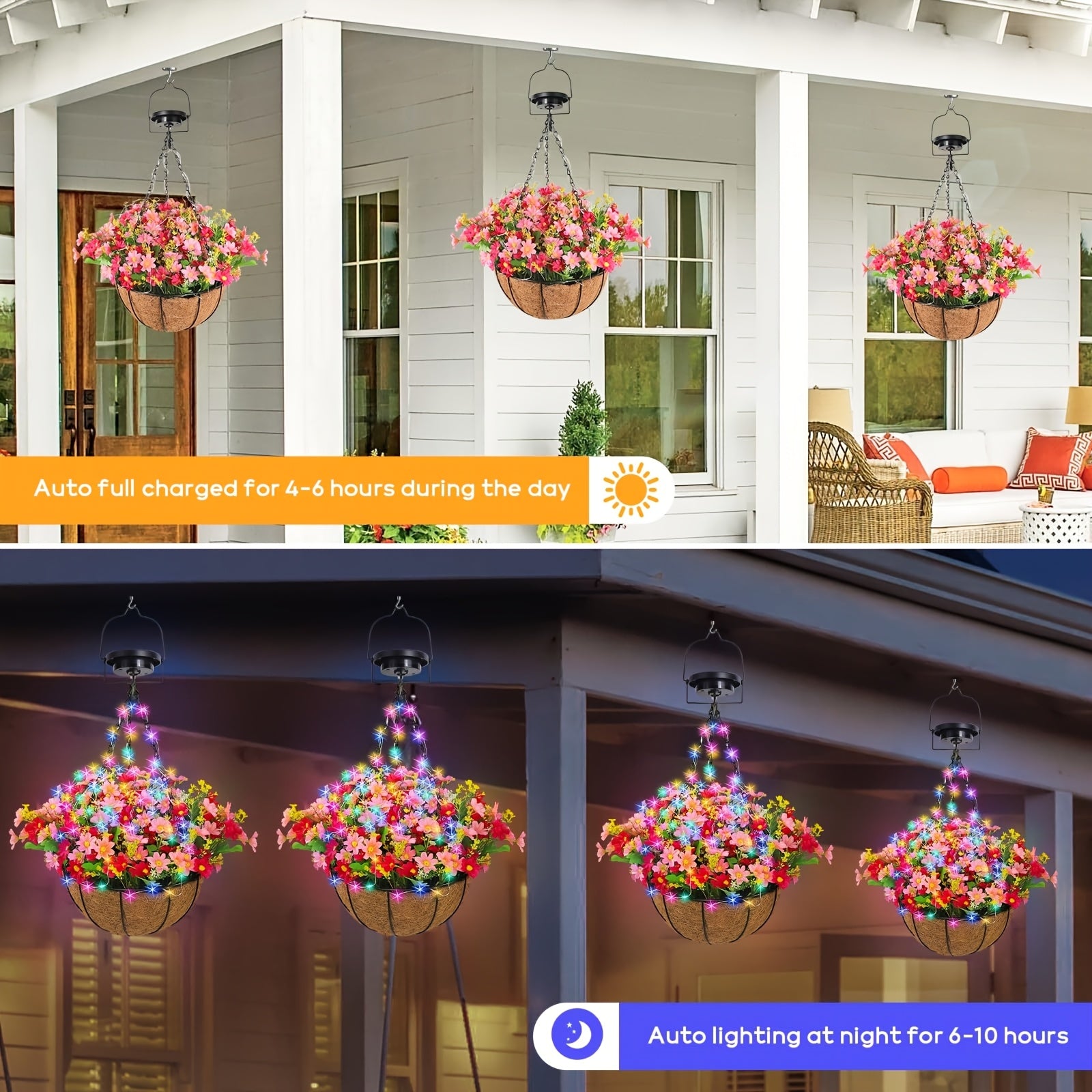 Solar Hanging Flower Basket Lights, Artificial Flowers with Solar RGB String Lights 10 Inch Coconut Hanging Flower Basket with Artificial Pink/Purple/Orange Flowers for Patio Lawn Garden Decorative Lights