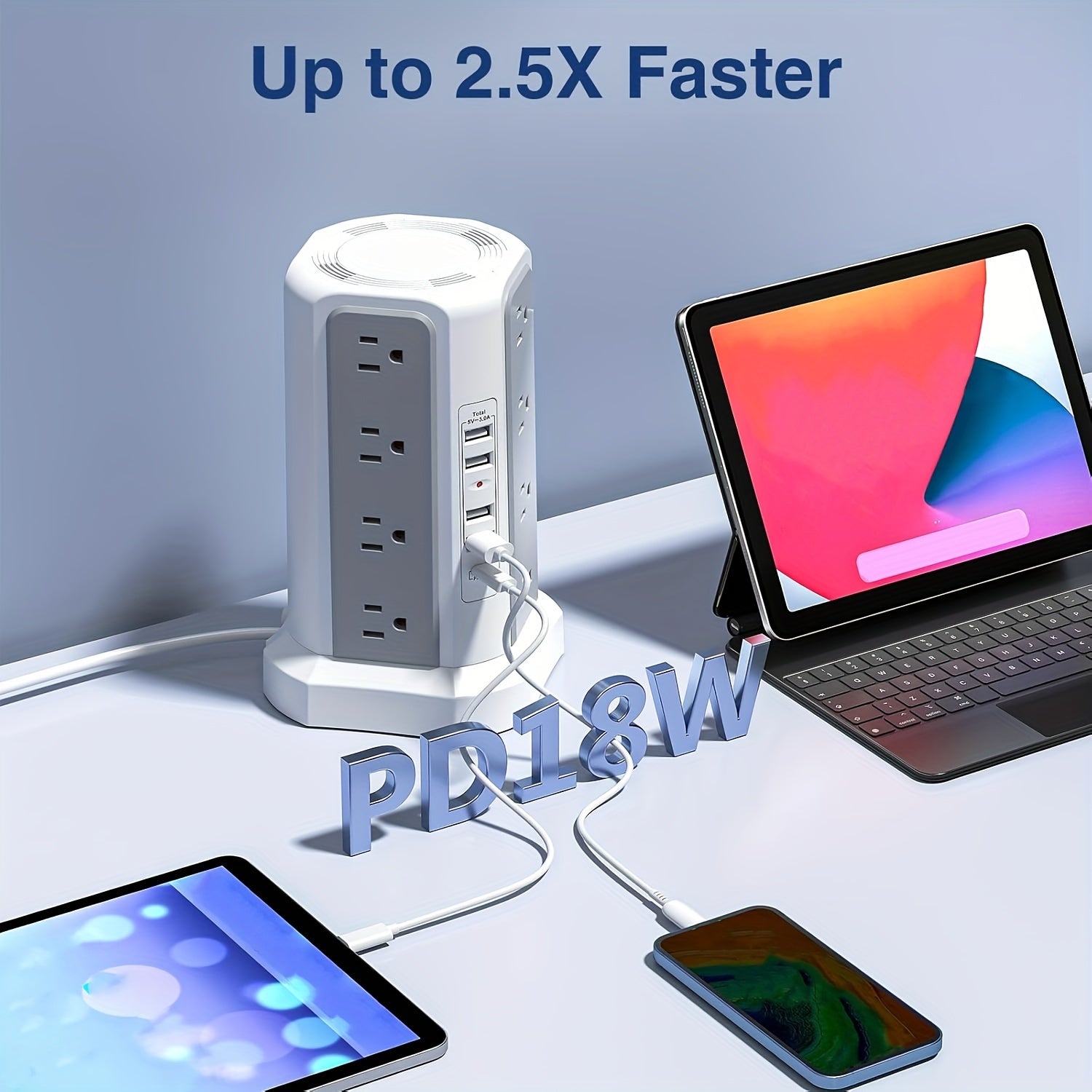 Angled Flat Plug 16 AC Outlets Power Strip Tower with USB C Port (PD18W), Surge Protector Power Tower with 5 USB Charging Ports, 6FT Extension Cord Desktop Power Strip - White