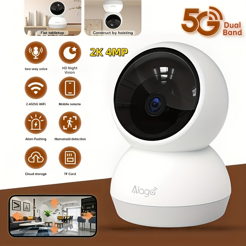 Alaga 2K 4MP 360° Panoramic View 5G/2.4G WiFi Home Security Camera, ABS Resin, AI Motion Detection, Real-Time Two-Way Audio, Night Vision Indoor Camera for Office Video Surveillance