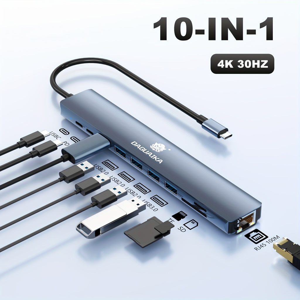 USB C Hub Ethernet HDTV Adapter 10 In 1 Laptop Docking Station With 4K HDTV RJ45 Ethernet SD/TF Card Reader USB 3.0/2.0 PD 100W LAN USB-C Dongle For MacBook Pro/Air Pad Pro, XPS, Etc