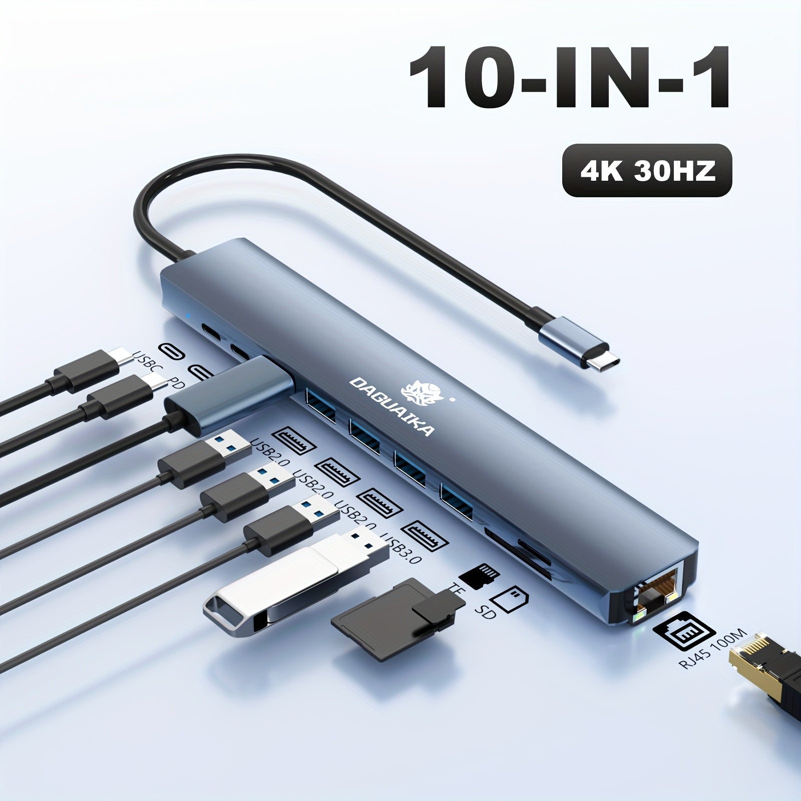 USB C Hub Ethernet HDTV Adapter 10 In 1 Laptop Docking Station With 4K HDTV RJ45 Ethernet SD/TF Card Reader USB 3.0/2.0 PD 100W LAN USB-C Dongle For MacBook Pro/Air Pad Pro, XPS, Etc