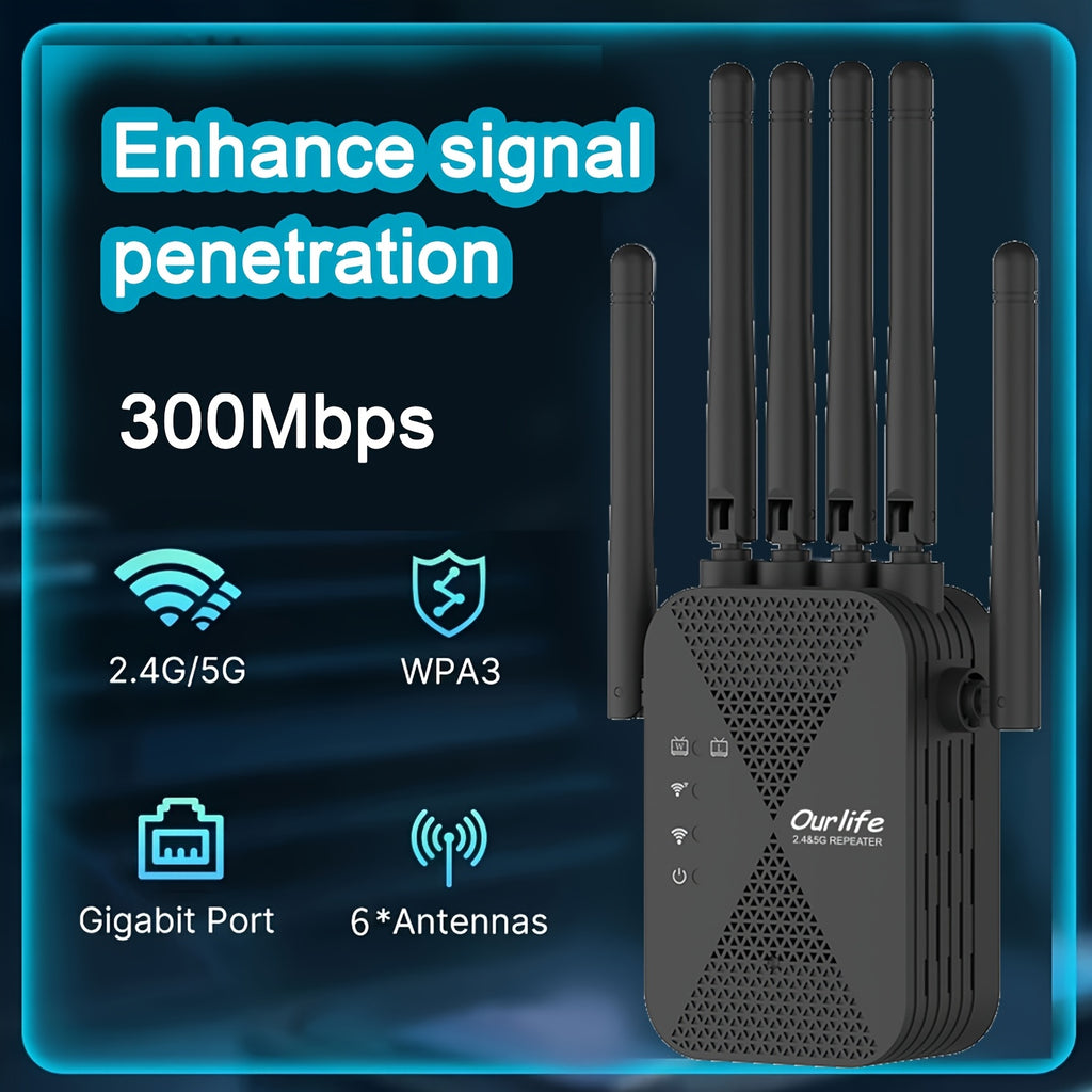 WiFi 6 Signal Enhancer - Black Model, Equipped with 6 Antennas, Wide Coverage, Wall Penetration, Support for Smart Routers, Modern WiFi Enhancer, Compact WiFi Enhancer, Coffee Shop Internet Accelerator, Portable Repeater Stable Connection