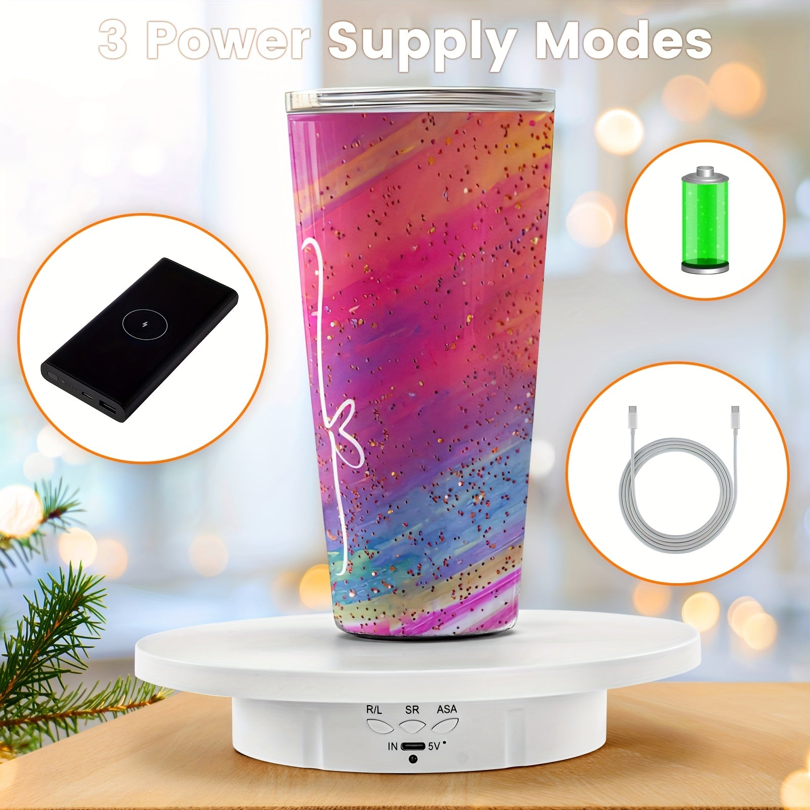 JANCHUN 3-In-1 Turner Cup Rotating Display Stand for Epoxy Glitter Tumbler, 360 Degree Rotating Display Stand, 5.74"/7.08"/8.06" Diameter, Automatic Remote Control Silent Rotation, Can Be Rotated in 360 Degrees