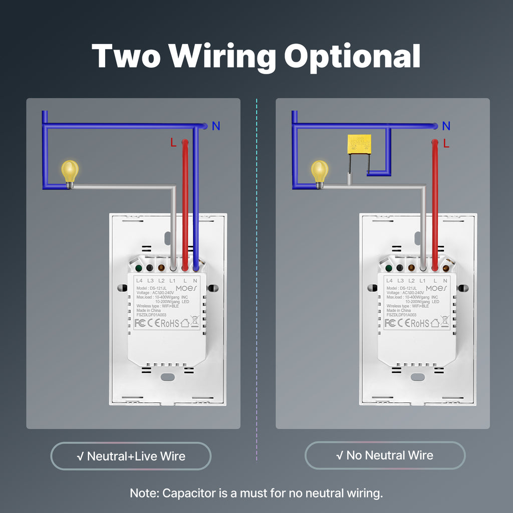 MOES Smart Switch Wifi White Touch Wall Switch No Neutral Wire Required Works with Alexa Google Home App Control Timer Function 110V Single Pole No Hub Easy Install