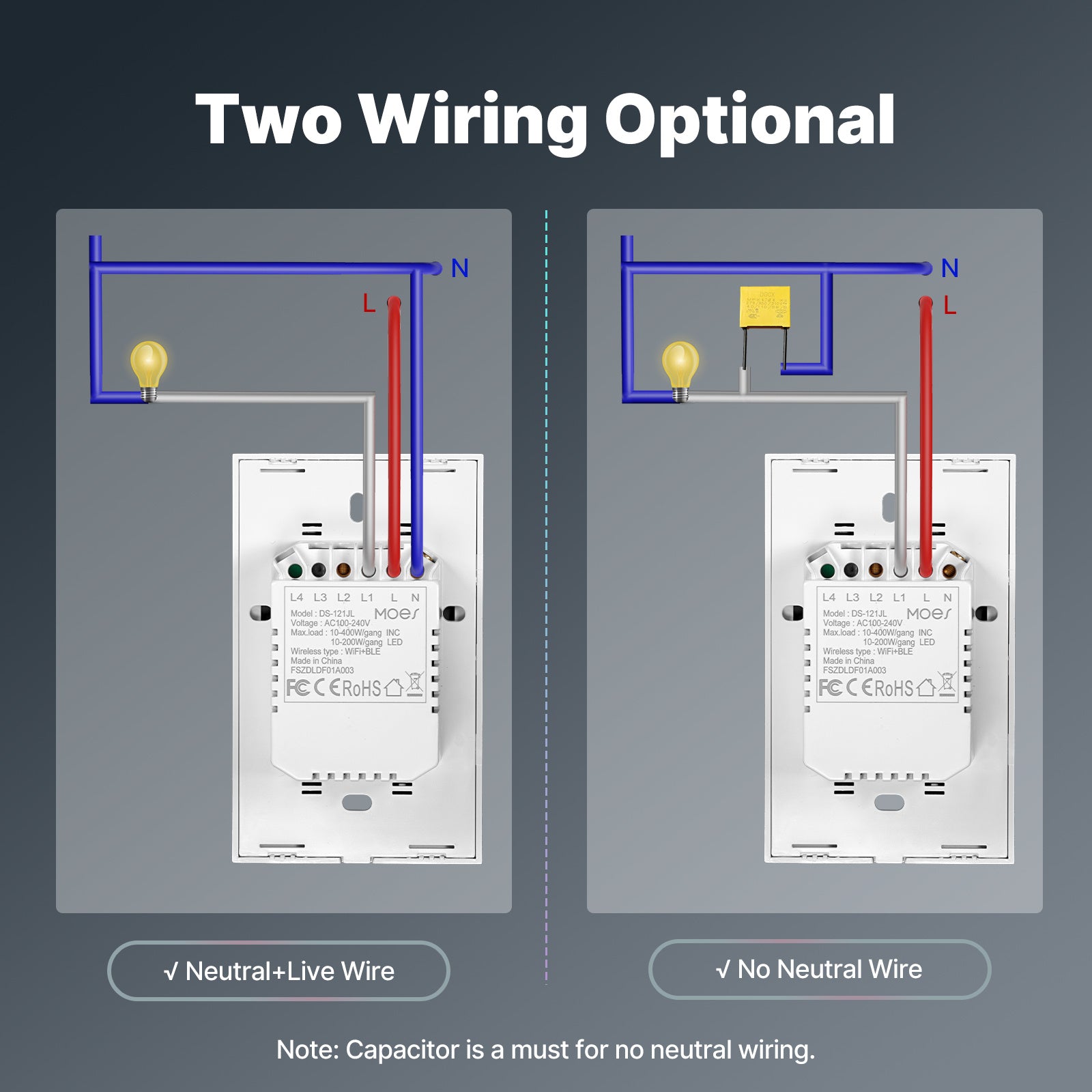 MOES Smart Switch Wifi White Touch Wall Switch No Neutral Wire Required Works with Alexa Google Home App Control Timer Function 110V Single Pole No Hub Easy Install