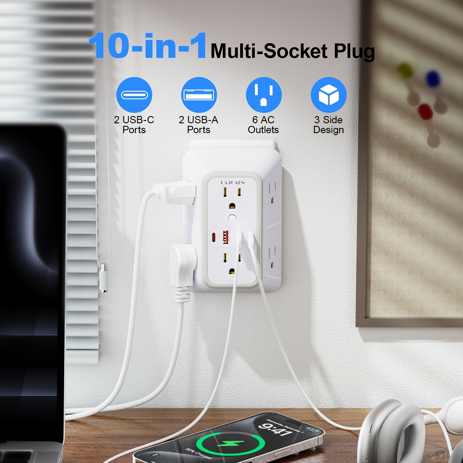 10-in-1 USB Wall Charger, Multi-Plug Wall Outlet Surge Protector, 6-Outlet AC Extender with 4 USB Charging Ports, 3-Sided 1050J Power Strip Multi-Plug Adapter for Home, Travel, Office (2A/2C), Total USB Output: 5V/3.1A, Multi-Plug Outlet for College