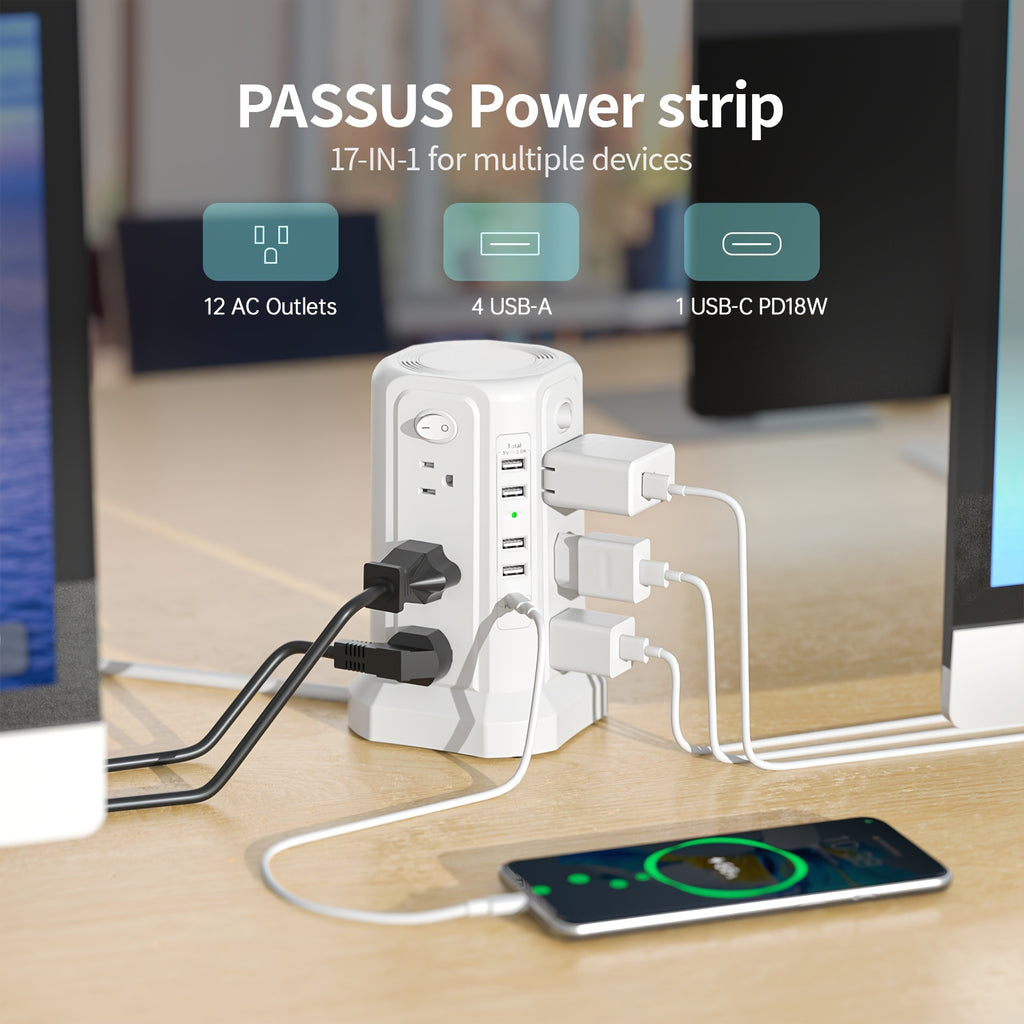 Angled Flat Plug 16 AC Outlets Power Strip Tower with USB C Port (PD18W), Surge Protector Power Tower with 5 USB Charging Ports, 6FT Extension Cord Desktop Power Strip - White