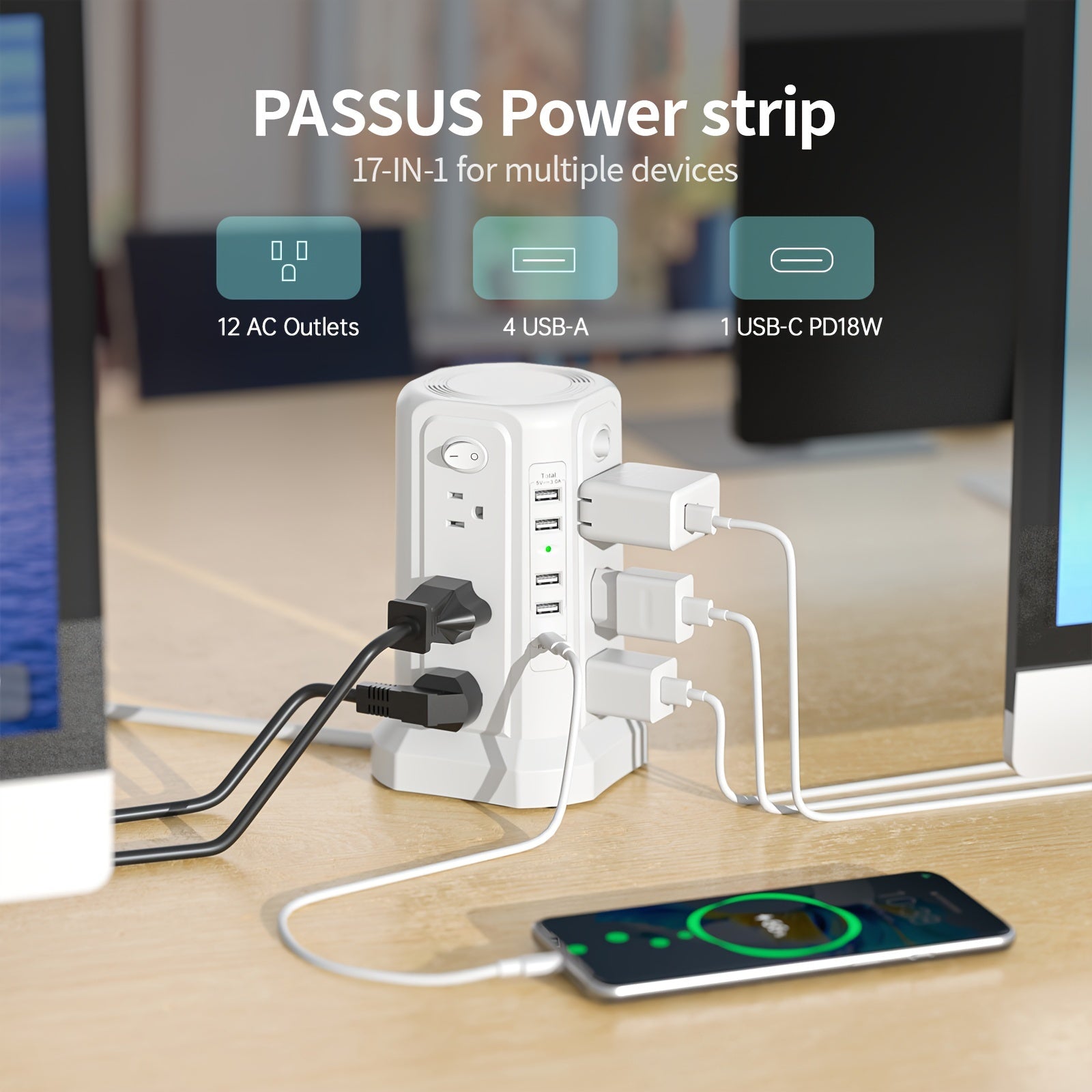 Angled Flat Plug 16 AC Outlets Power Strip Tower with USB C Port (PD18W), Surge Protector Power Tower with 5 USB Charging Ports, 6FT Extension Cord Desktop Power Strip - White