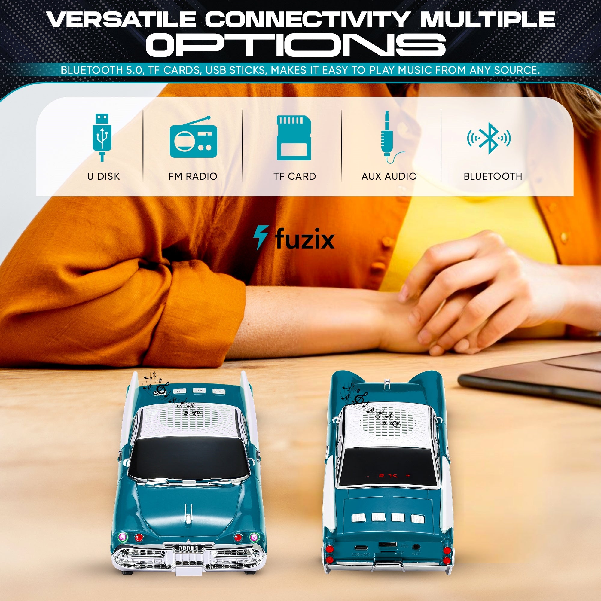 Fuzix WS-1965 Car Bluetooth Portable Speaker, Retro Car-Style Wireless Stereo Speaker with LED Headlights and Taillights, AUX/USB/TF/FM Radio Playback, Rechargeable Battery, High-Power Clear Sound, Multiple Playback Modes, Perfect Festival Gift, Ideal for