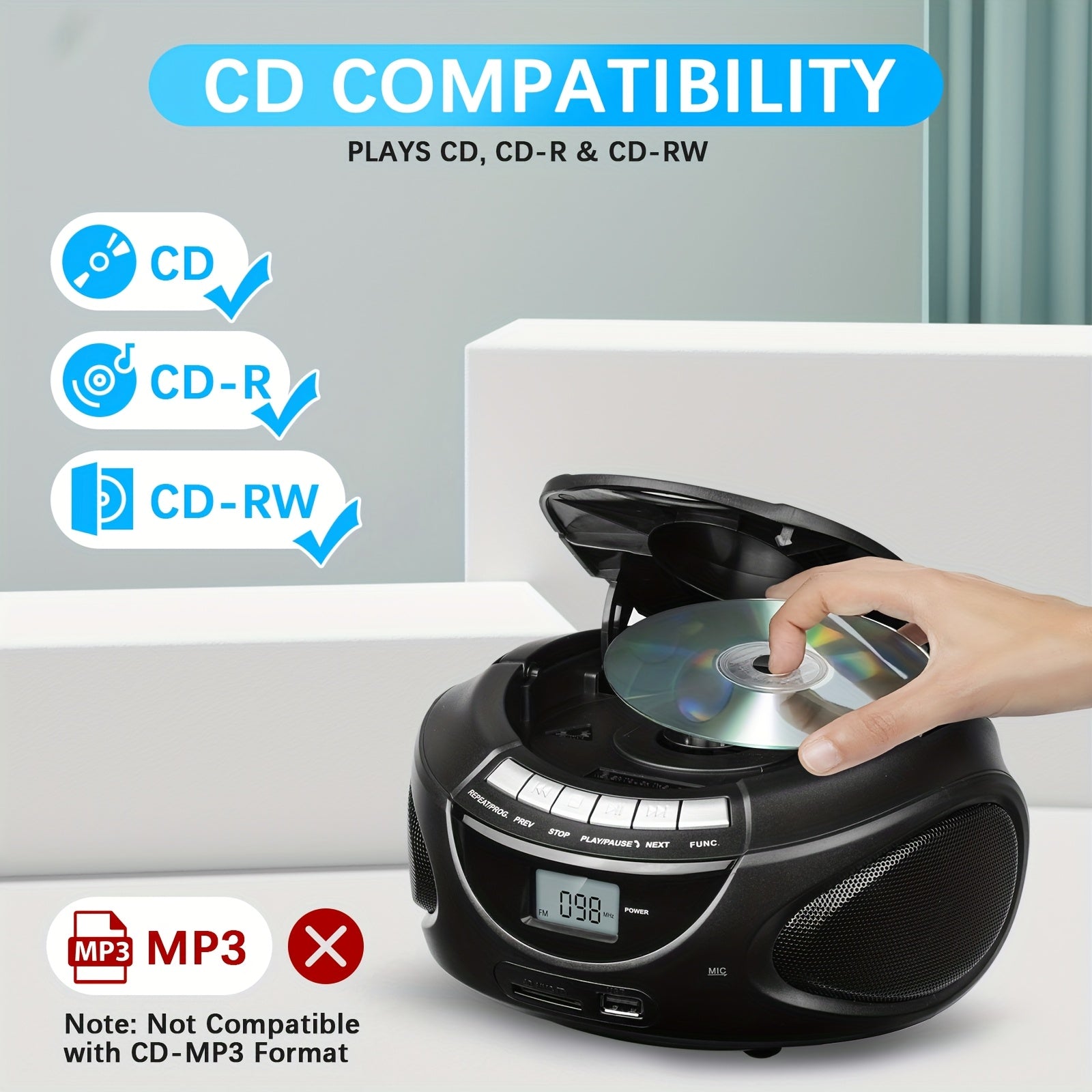 M-AMAZUP Portable CD Player Boombox with Dual Stereo Speakers, AM/FM Radio, Stereo Earphone Jack, Aux Input, USB, TF Card Player, Wireless Speaker, Multi-Functional MP3 Player, A-B Repeat, Plug & Play, 120V, M-AMAZUP