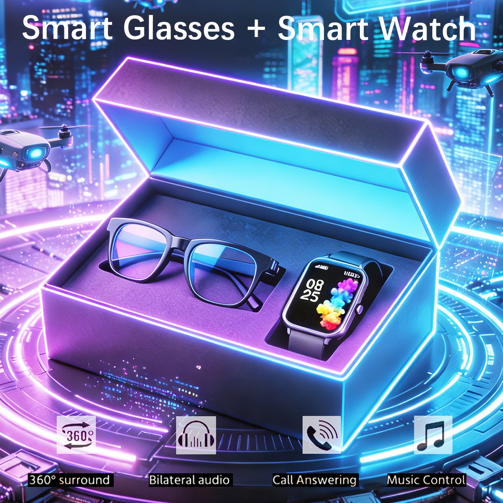 [Smart Watch & Glasses] 2026Ai New Full-Touch Smart Watch And AI Translation Smart Glasses Set, Real-Time Online Translation in Multiple Languages And Photo Translation at Your Fingertips. Built-In Microphone And Speaker, Supports Calling And Music Playba
