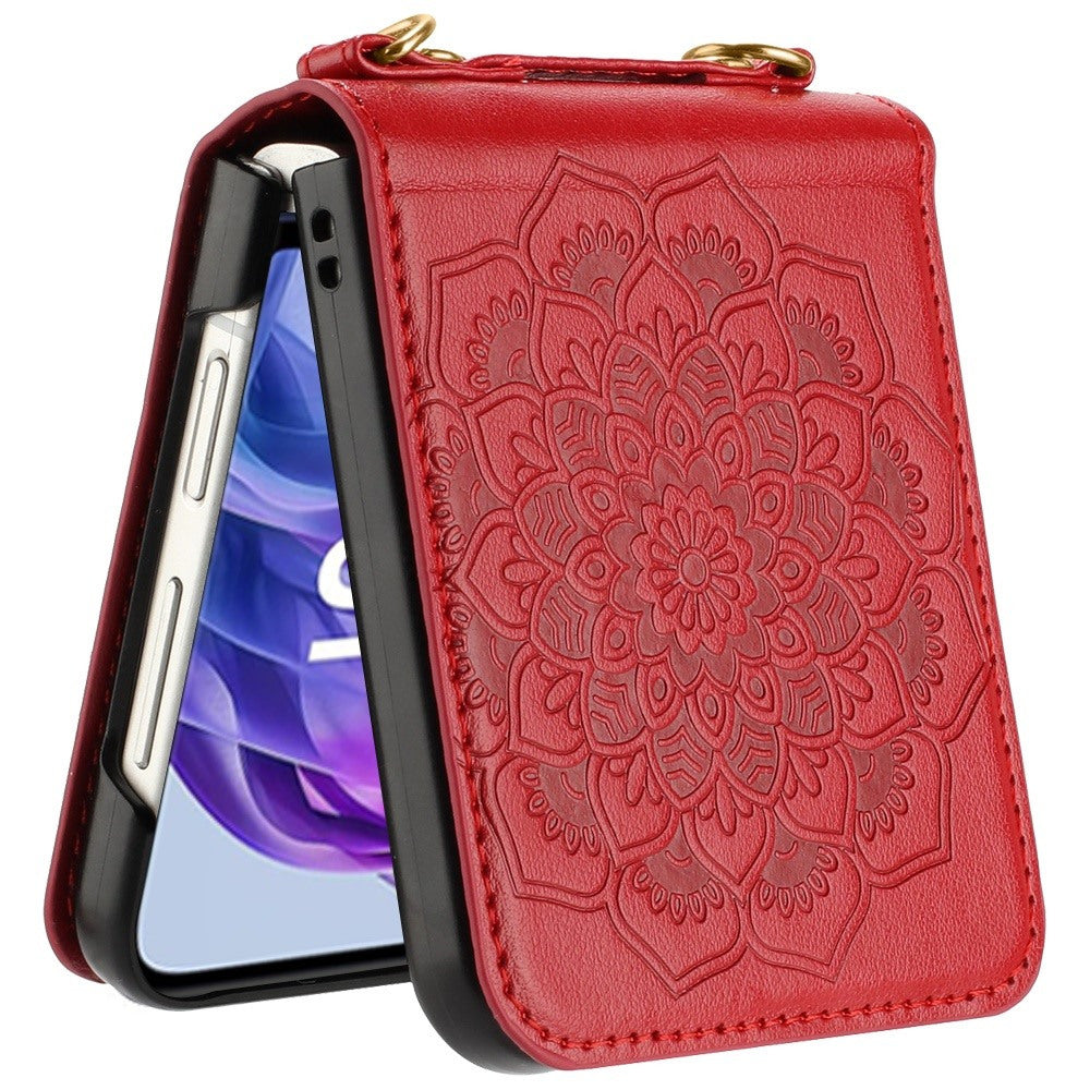 For Motorola Razr 2024 / Motorola Razr+ Plus 2024 Phone Case, Flower Embossed Floral Henna Mandala Design PU Leather Strap Lanyard Hybrid Protective Cover