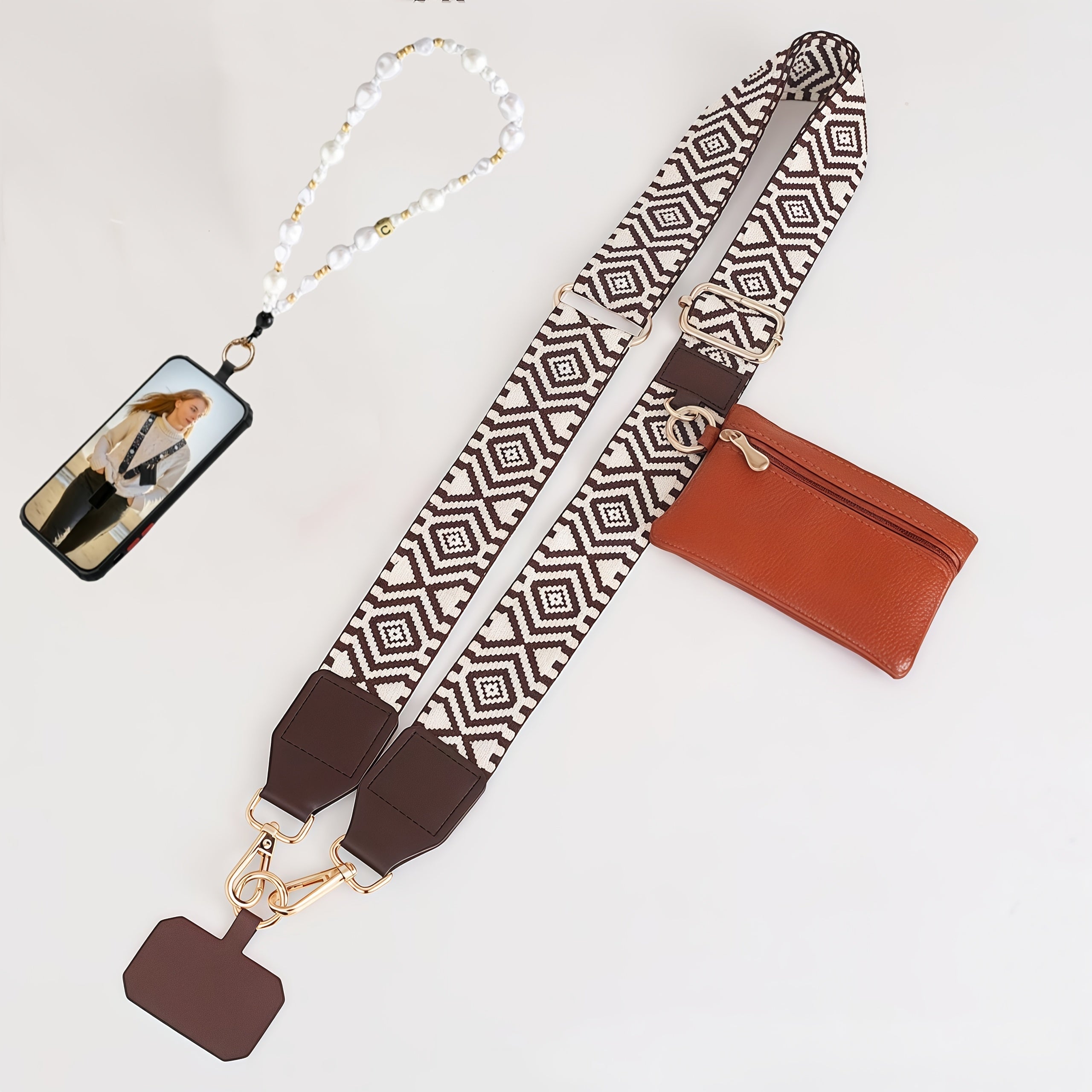 Phone Lanyard, Adjustable Phone Strap with Zipper Pouch, with Beaded Phone Charm Lanyard, Universal Cell Phone Crossbody Compatible with Most Smartphones