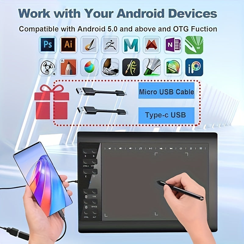 1060Graphic Drawing Tablet, 10 X 6 Inch Drawing Tablet With 8192 Levels Battery-Free Pen And Bag, 12 Hot Keys, Compatible With PC/Mac/Android For Painting, Design & Online Teaching