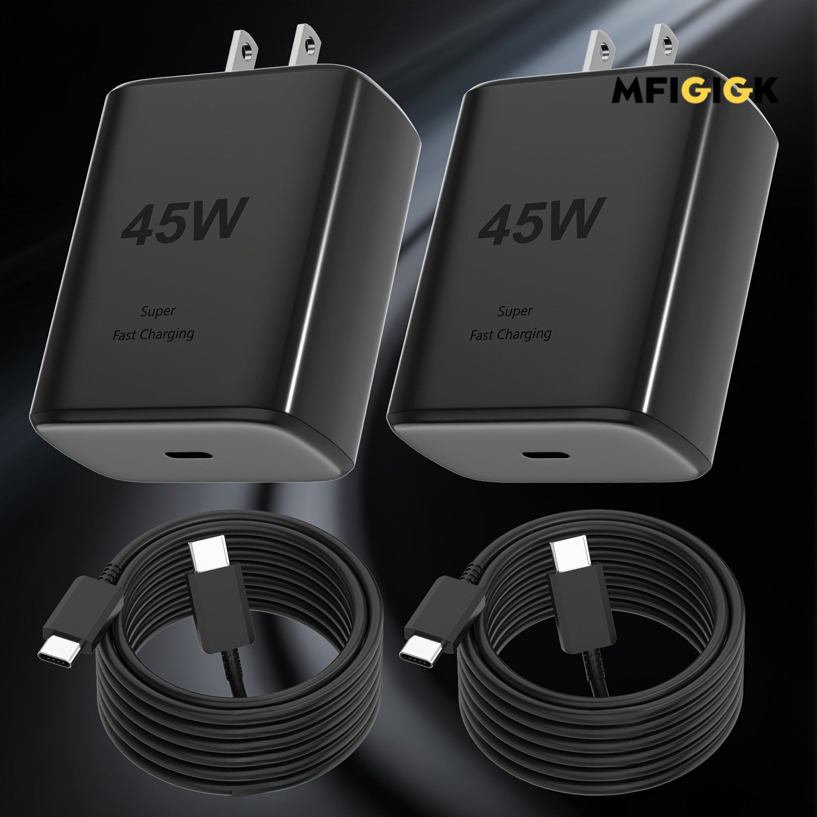 [2 Pack 45W Fast Charger] MFIGlGK [Fast Charger] 2 Pack 45W Super Fast Charger Type C | 45 Watt USB-C Wall Charging Block for Samsung S23/ Ultra/ S22/ S21/ S20/ Note10/ 20, iPhone 16/ 15 Pro, Pro Max, Plus With 2x MFIGlGK