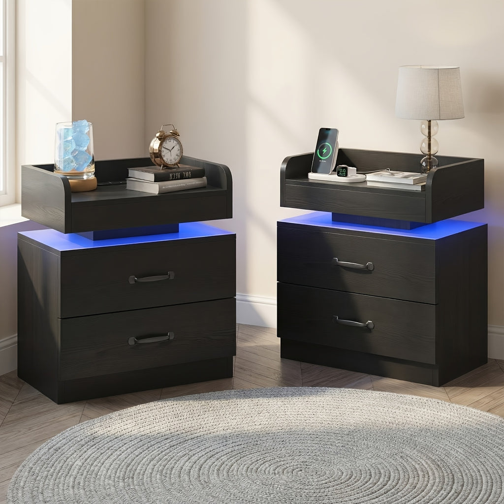 1pc/2pcs Nightstand with Charging Station, Night Stand with LED Lights, Modern LED End Table Nightstand for Bedroom, Bedside Wooden Table Drawers, Bed Side Table with Storage for Living Room, Black/White