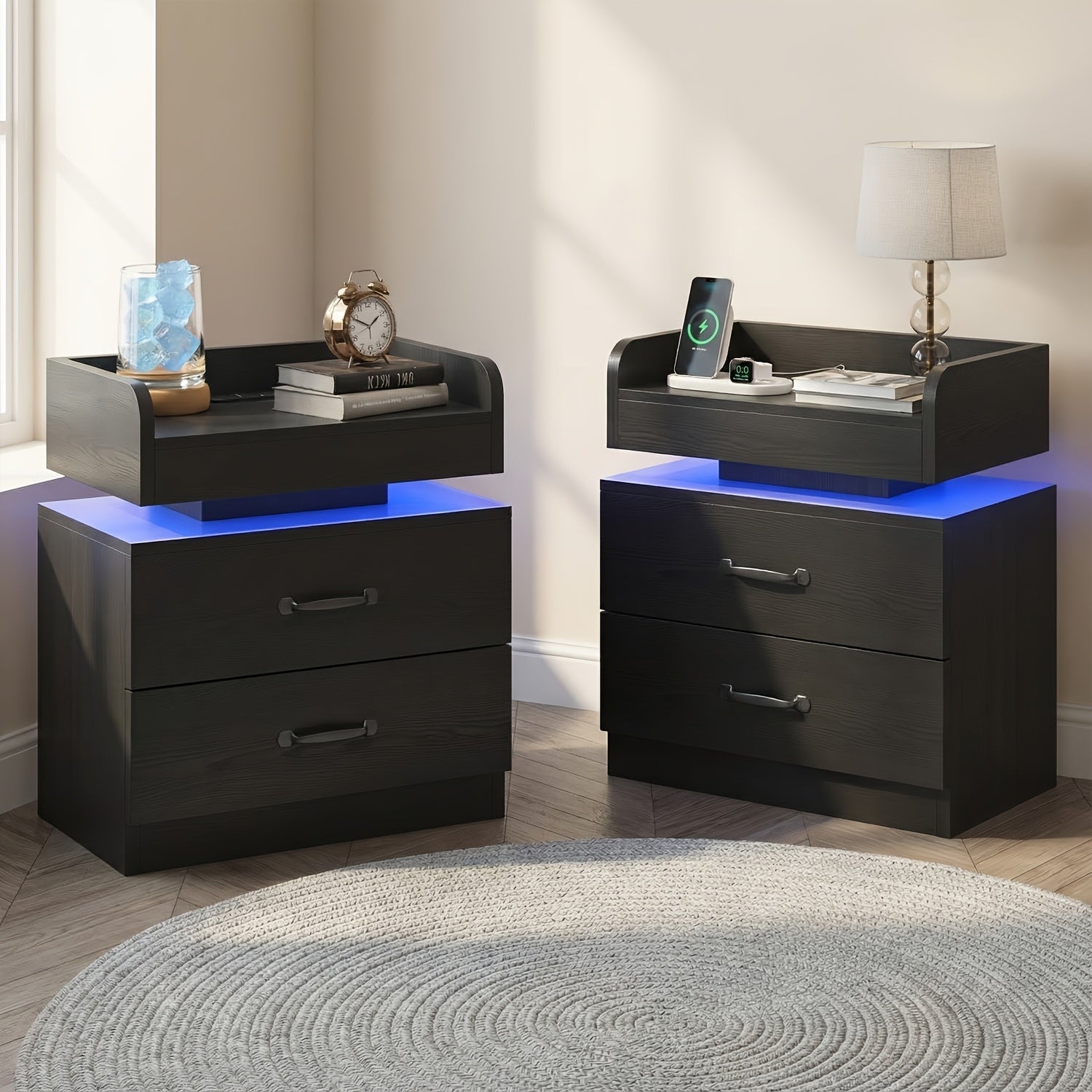 1pc/2pcs Nightstand with Charging Station, Night Stand with LED Lights, Modern LED End Table Nightstand for Bedroom, Bedside Wooden Table Drawers, Bed Side Table with Storage for Living Room, Black/White