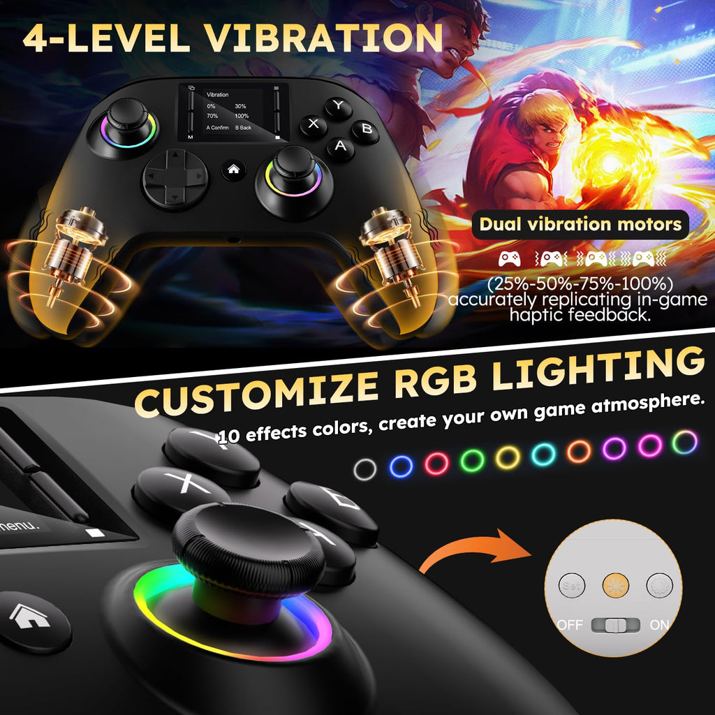 Interactive Wireless Gaming Controller with Touchscreen Compatible with Pc/Ps4/Switch/Android/Ios Devices Features 4 Programmable Buttons with Rapid-Fire Functionality Equipped with a Six-Axis Gyroscope And Dual Vibration Feedback, RGB Lighting