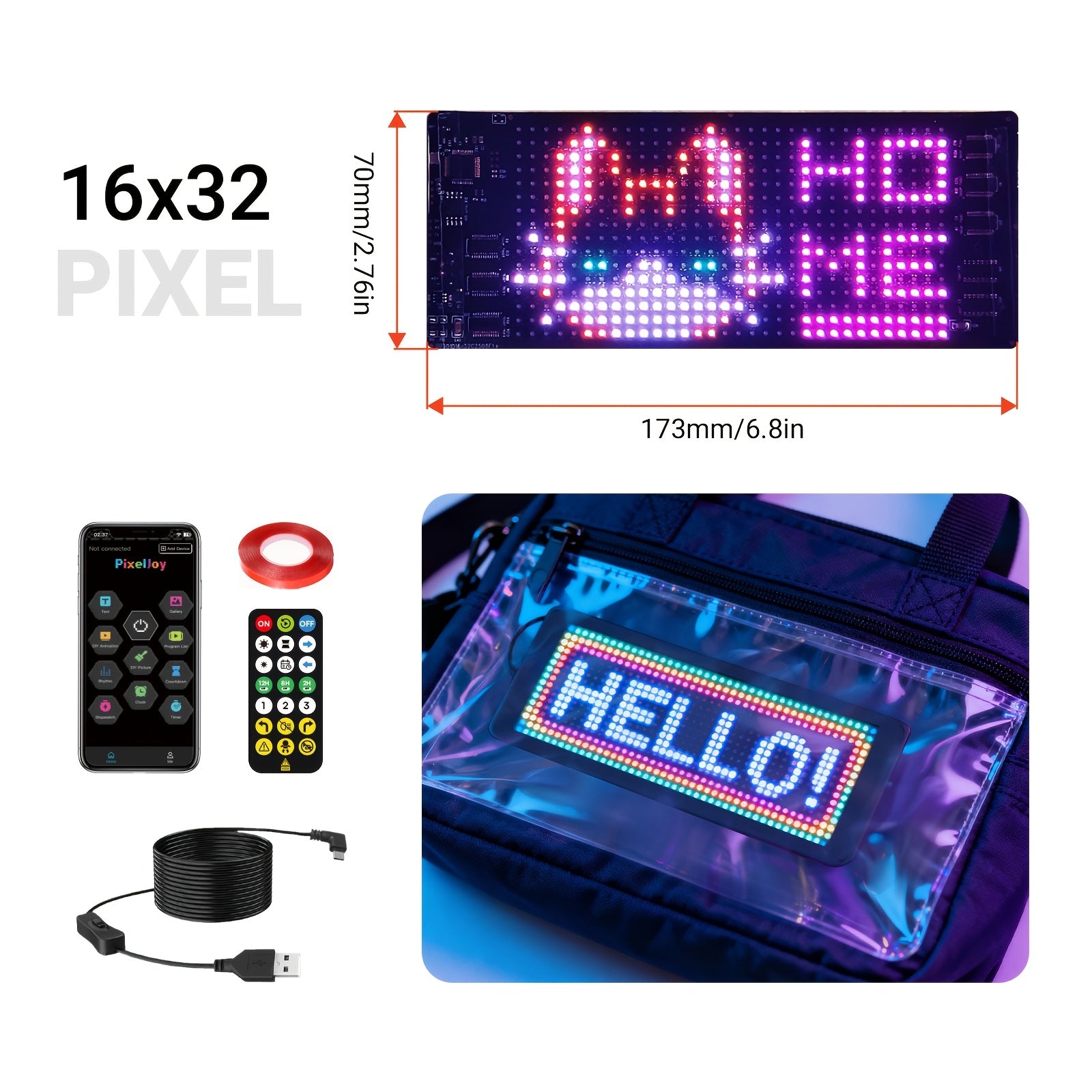 [Christmas] 1pc 16X32/16X64/16X96 LED 5V LED Fun Display, Devil's Eye Flexible LED Screen, Support Text/Picture/Gif, With App And Remote Control, Cable For Store/Car/Riding Fun Interactive Screen, Christmas Decorations