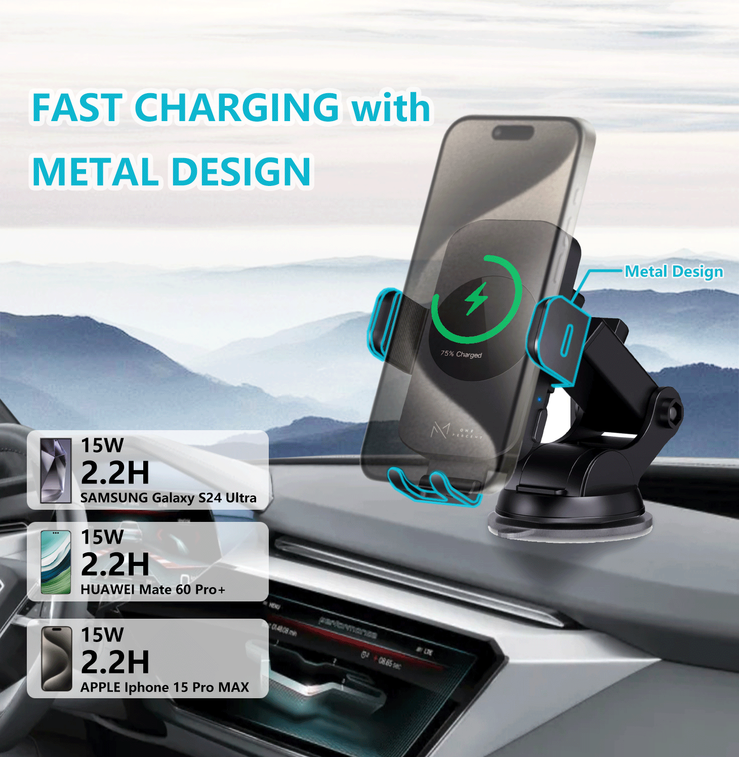 Ultra-Fast 15W RapidWireless Car Charger - Smart Auto Clamping Phone Mount for iPhone 15 14 13 12 11 Pro Max, Galaxy S23 S22 S21 - Hassle-Free, Seamless Compatibility