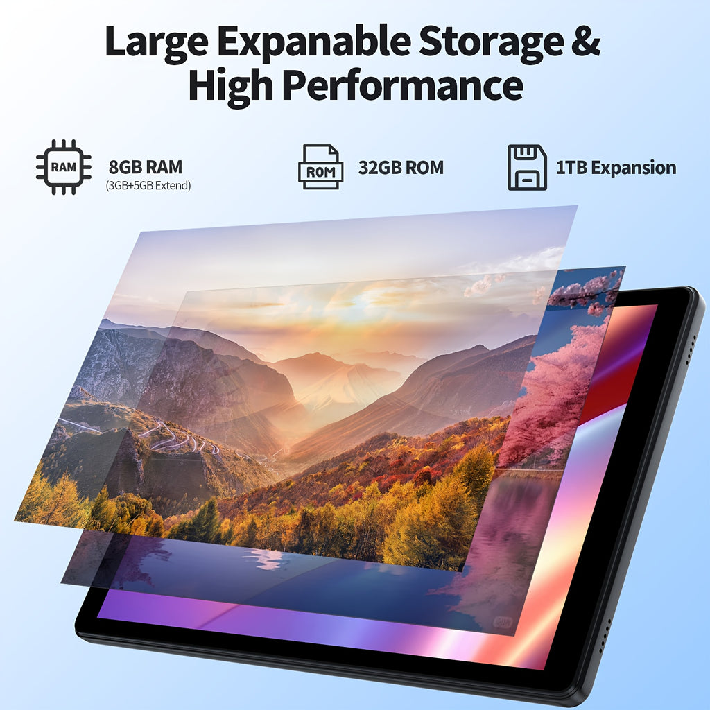 [Android 2-in-1 Tablet] Android 2-in-1 Tablet, 10. 1-inch, Running the Latest Android 15 System, 32GB Storage Expandable up to 1TB, 8GB RAM with 3GB+5GB Expandable Memory, Available with Keyboard, Protective Case, Mouse, and Stylus Pen, 6000mAh Battery, D