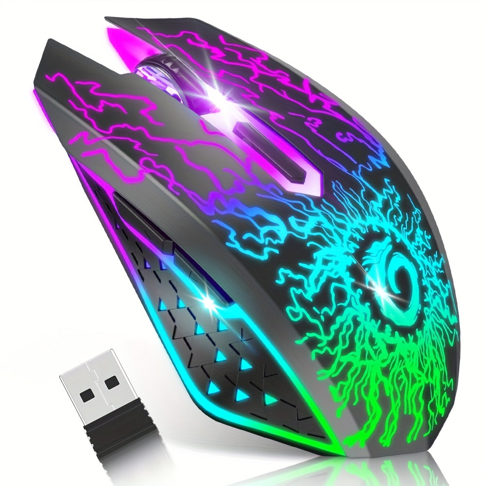 Wireless Gaming Mouse, Rechargeable Computer Mouse Mice With Colorful LED Lights, Silent Click, 2.4G USB Nano Receiver, Mice For PC Gamer Laptop Desktop Chromebook Mac, Mice