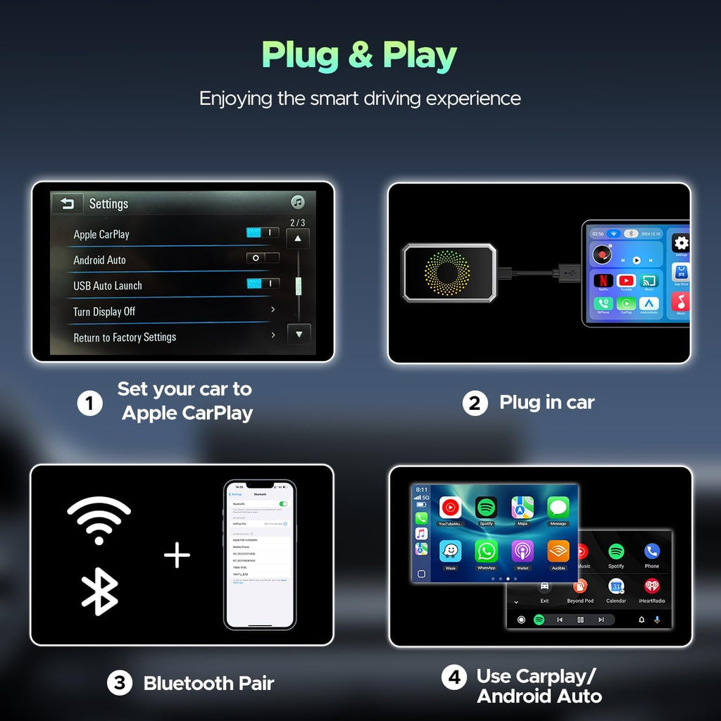 The 3-in-1 Magic Media Box Supports Netflix/YouTube/TikTok Streaming. Equipped With A Wireless CarPlay Adapter And USB Port, It Is Compatible With Factory-installed Wired Apple CarPlay And Android Auto Systems. Note: Wireless CarPlay Requires IOS 10