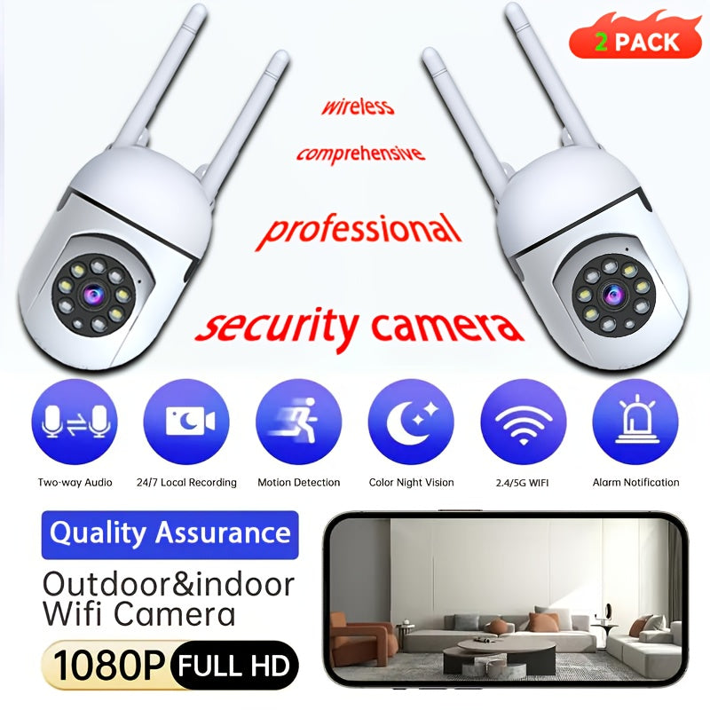 [Wireless Camera] 2pcs Wireless Camera, AI Motion Detection, Dual-Band Wifi, 355° Pan And Tilt, Video, Two-Way Audio, Full Color Night Vision, Cloud And SD Storage