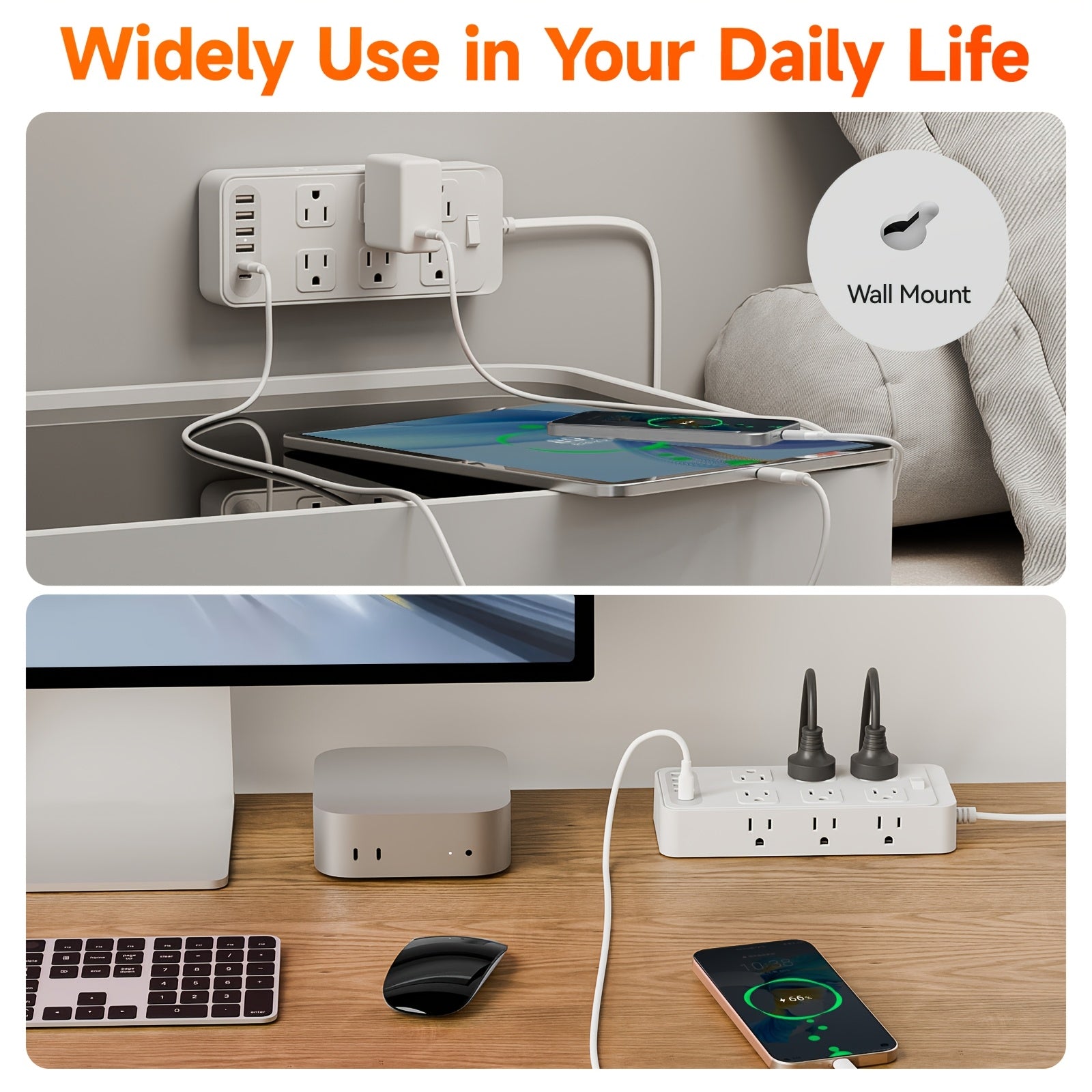 Compact Power Strip Surge Protector, 18in 1 Charging Station, with 12 AC Outlets and 6 USB Charging Ports (4 USB A & 2 USB C), Flat Plug, 5ft PVC Extension Cord, Fire-Resistant Suitable for Home, Office And Travel