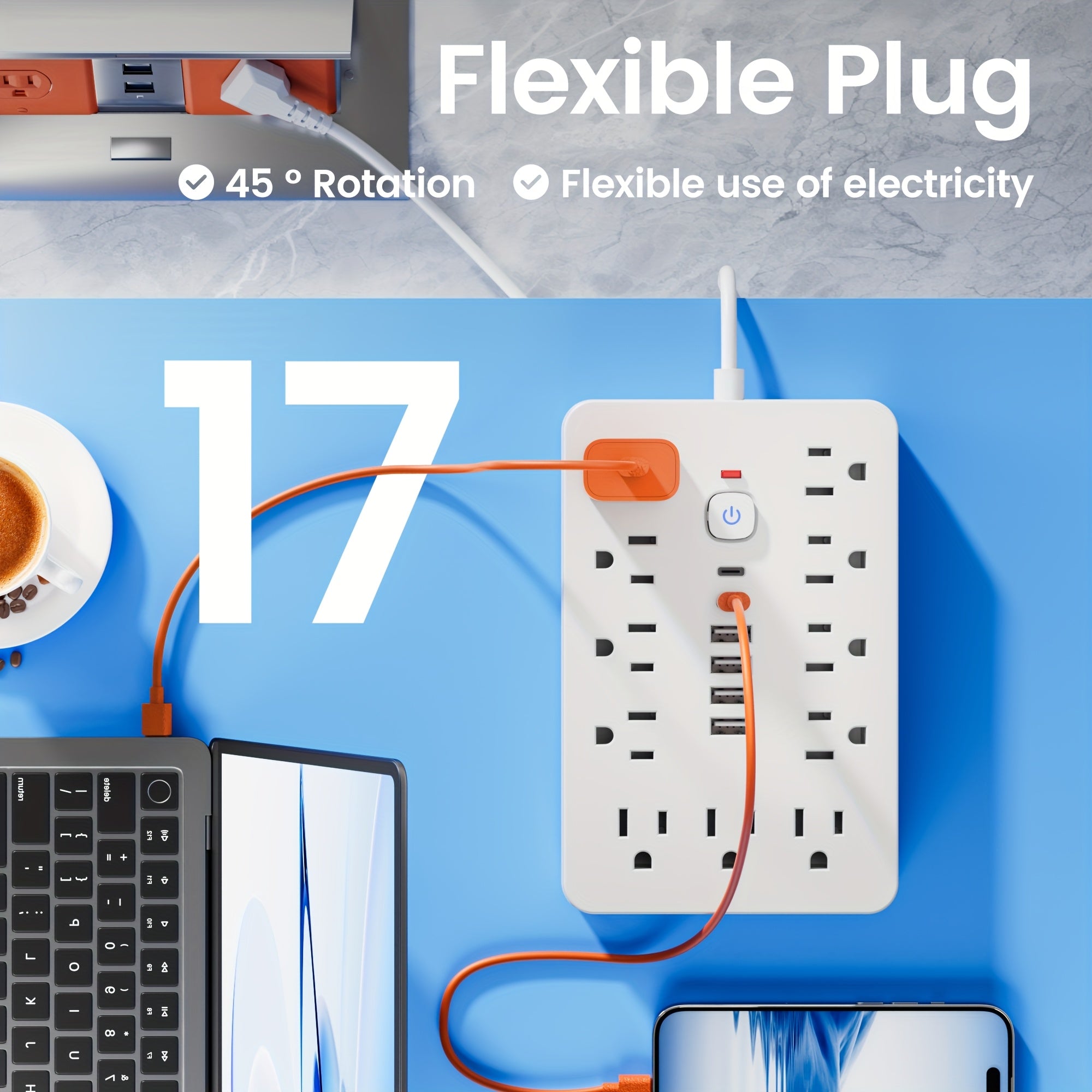 17-in-1 Flat Plug Power Strip Surge Protector with 11 Spacious AC Outlets and 6 USB Ports (including 2 Type-C) with Overload Protection
