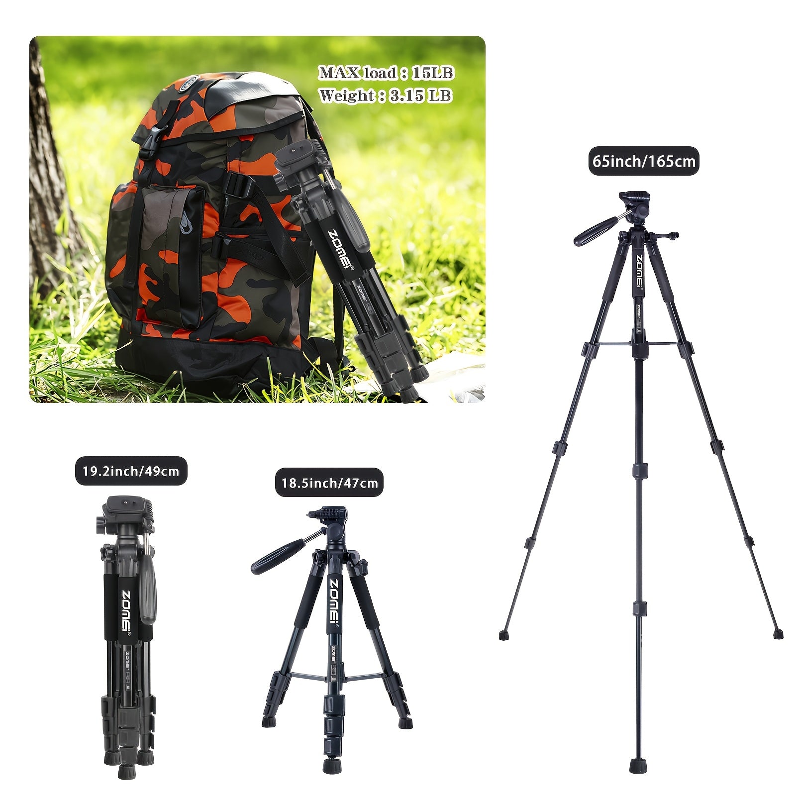 65 Inch Professional Heavy Duty Camera Mount, Extendable Aluminum Alloy Tripod Stand with Phone Clip, Carry Bag, Professional Travel Photography Camera Tripod for SLR Camera, Phone, Projector, Spotting Scopes, Webcam