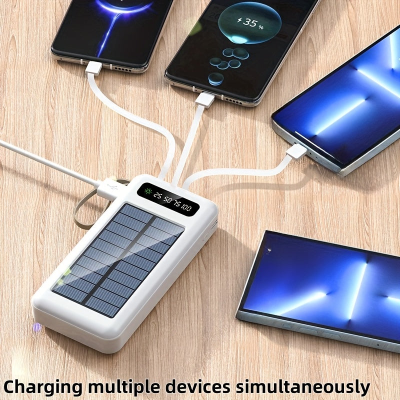 10000/20000/30000mAh 5W Slow Charging/15W Fast Charging Multifunctional Solar Power Bank With Ultra-bright LED Light, Large Capacity Rechargeable Portable Mobile Phone Charger Built-in 4 Cables Digital Display Dual Usb Port USB-C Input