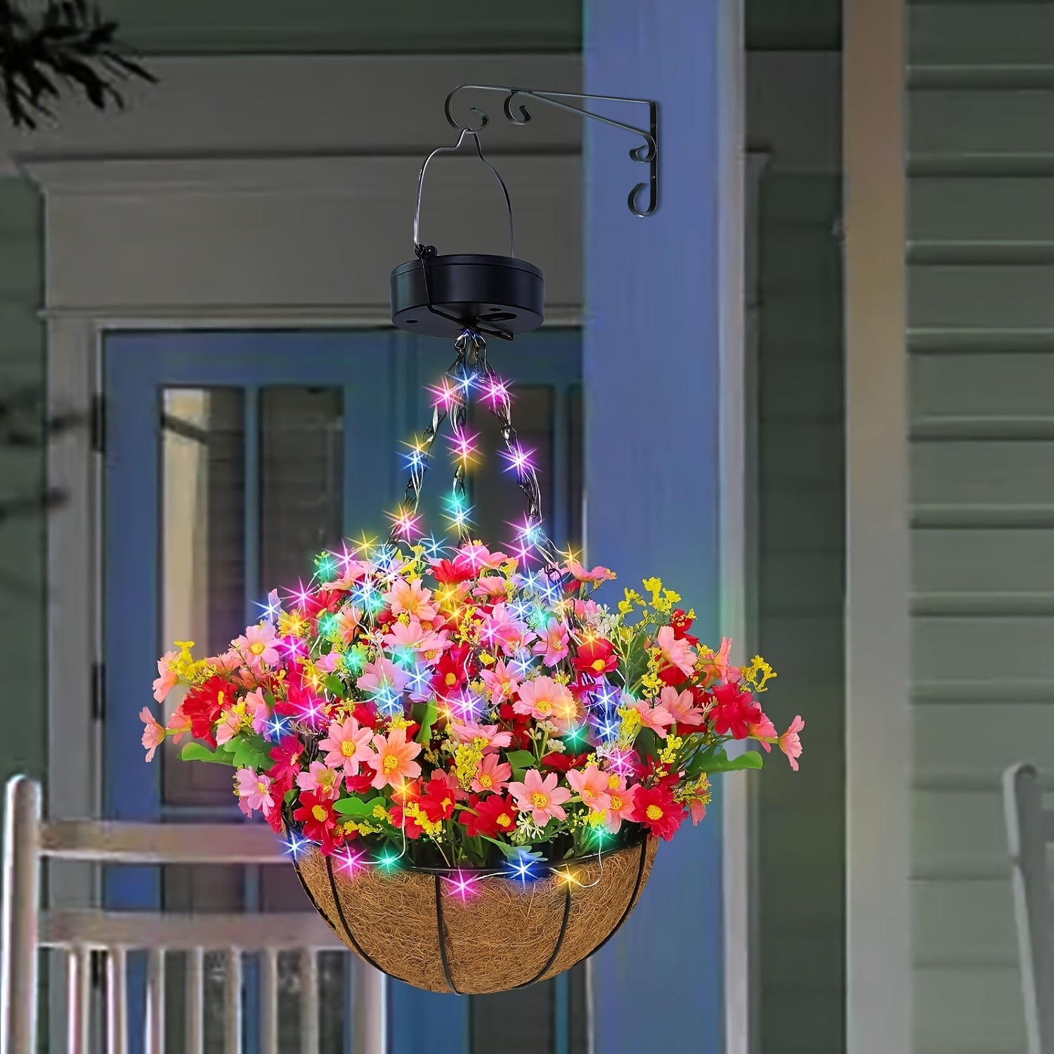 Solar Hanging Flower Basket Lights, Artificial Flowers with Solar RGB String Lights 10 Inch Coconut Hanging Flower Basket with Artificial Pink/Purple/Orange Flowers for Patio Lawn Garden Decorative Lights