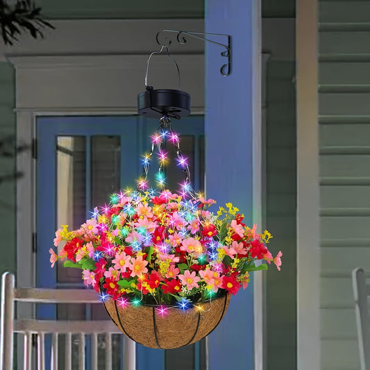 Solar Hanging Flower Basket Lights, Artificial Flowers with Solar RGB String Lights 10 Inch Coconut Hanging Flower Basket with Artificial Pink/Purple/Orange Flowers for Patio Lawn Garden Decorative Lights