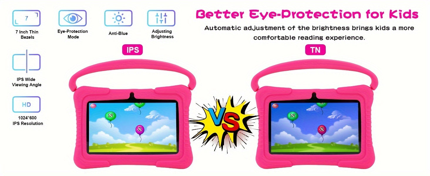 [Android Tablet] Veidoo 7-Inch Kids Tablet, 1GB RAM 16GB ROM / 2GB RAM + 32GB ROM, Eye-Protection Screen, WiFi, Dual Cameras, Educational Games, Parental Control App, Android Tablet With Drop-Proof Silicone Case (Pink)
