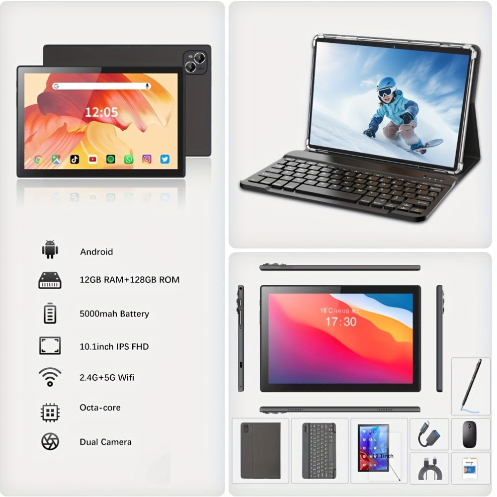 Crelander Tablet With Keyboard, 2-in-1 Tablet, 6GB+128GB, 10-inch Tablet With Case, Mouse, Stylus, 5000mAh Battery, WiFi, Android