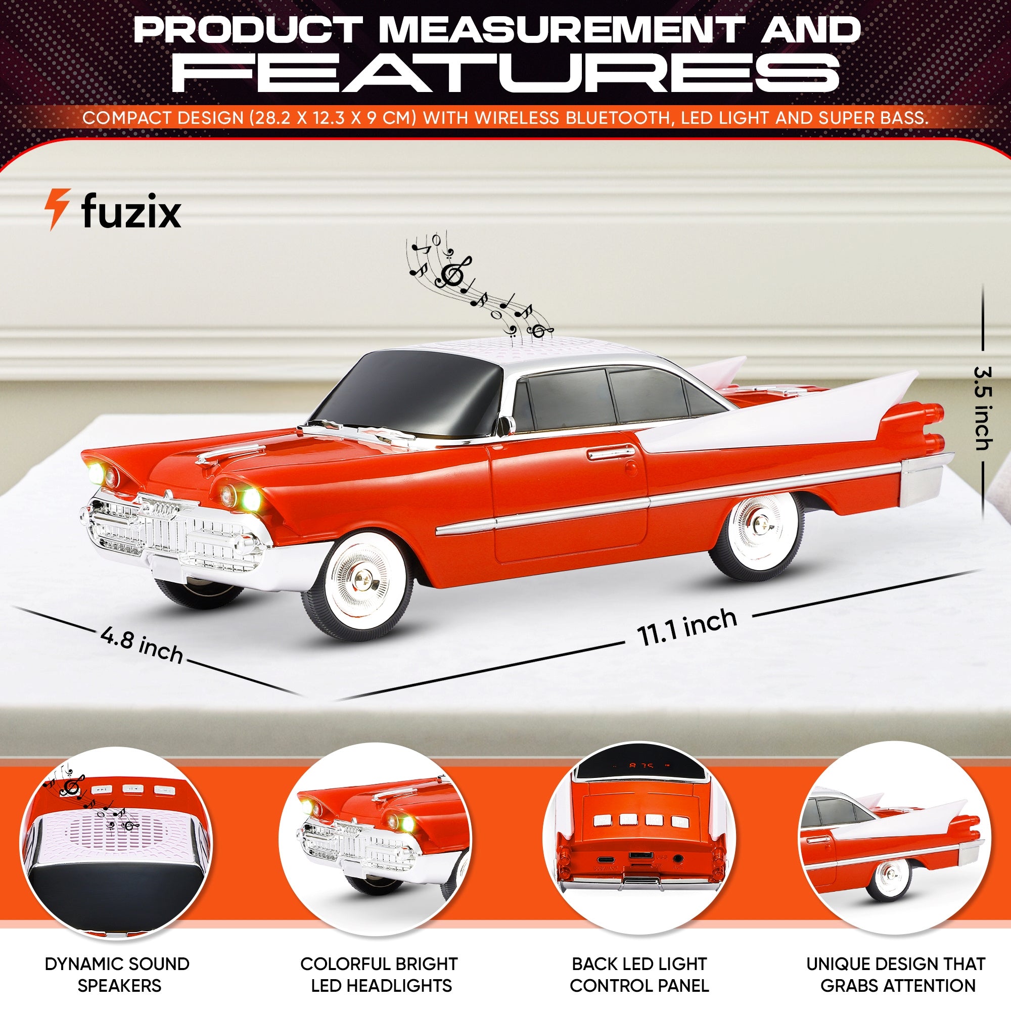 Fuzix WS-1965 Car Bluetooth Portable Speaker, Retro Car-Style Wireless Stereo Speaker with LED Headlights and Taillights, AUX/USB/TF/FM Radio Playback, Rechargeable Battery, High-Power Clear Sound, Multiple Playback Modes, Perfect Festival Gift, Ideal for