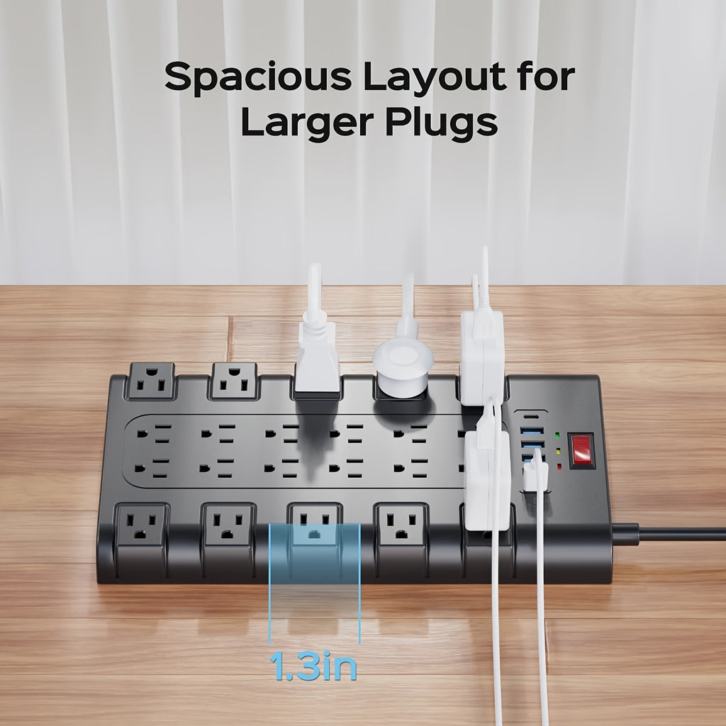 Extension Cord 5/7/13ft, Surge Protector Power Strip with 6 USB Charging Ports(24W/4.8A) And 22 AC Outlets(1875W/15A), 2100 Joules, Flat Plug Power Outlet, Wall Mount, Switch, Overload Protection for Home, Office, Dorm, Gaming Room, Black