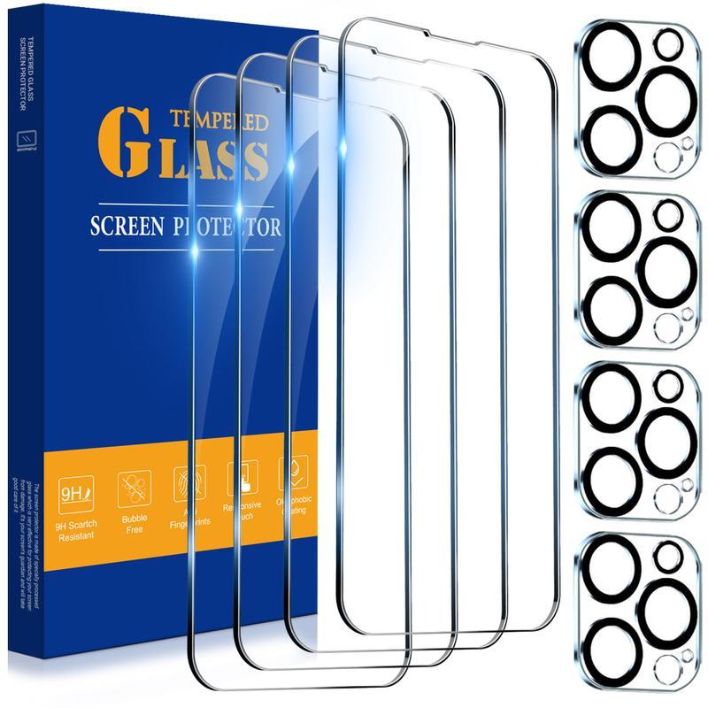 8 Pcs/set Tempered Glass Screen Camera Lens Protector For iPhone 17 16 15 14 13 12 11 Pro Max with 4 Pcs Screen Protector & 4 Pcs Camera Lens Protector