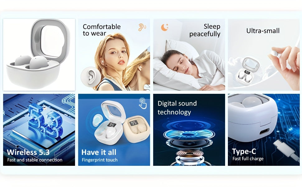 MSHUKCOE Invisible Sleeping Headphones - Ultra Thin Sports in Ear Wireless Wireless Earphones, 6D Bass Sound Effect HIFI Music Earbuds, Low Latency, Dual Noise Reduction And Sleep/Game Mode, Ultra Long Battery Life, Suitable for Birthday Gifts
