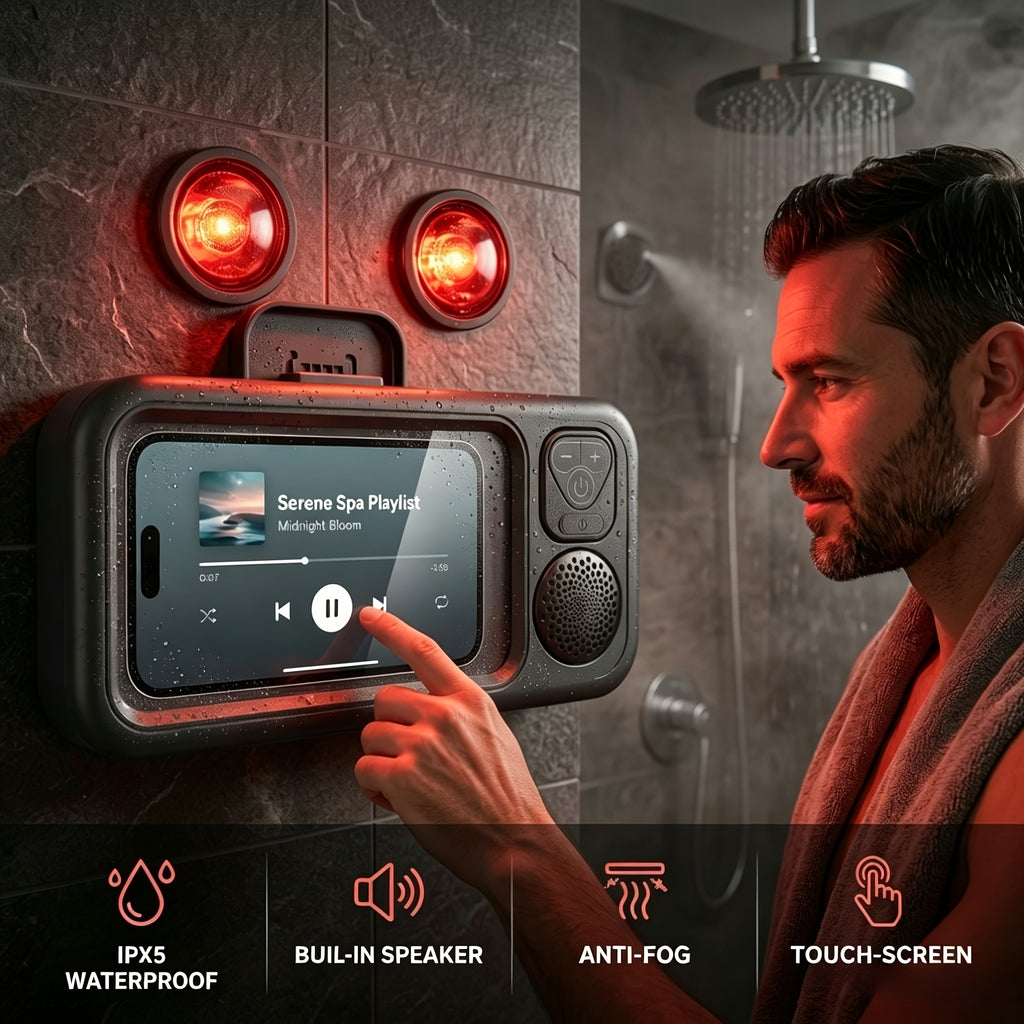 [Shower Phone Holder] Phone Holder With Speaker For Shower Use - Built-In Smart Bluetooth Speaker, 360-Degree Rotation Fits Any Phone, Shower Phone Holder Securely Adheres To Any Surface