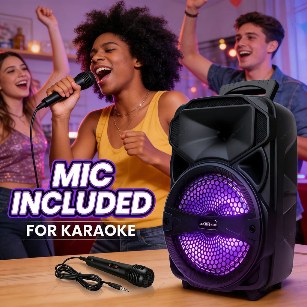 1000W Portable Wireless Party Speakers Loud Sound System with Subwoofer, Bass, 8-inch Speaker Karaoke Machine, FM Radio, EQ Mode, Strobe Lights with Wire Microphone, Remote Controls
