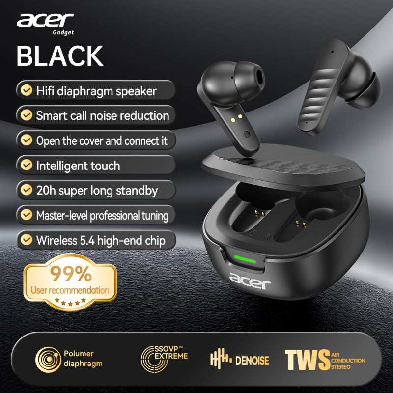 [Acer 2026 New] TWS Wireless Headset Heavy Bass Stereo Calling Noise Cancellation Ultra Long Lasting Sports Running In-Ear Low Latency Gaming Mode HIFI Audio Gift Recommended Multi-Device Compatible Mobile Phone, Tablet, Laptop with Charging Case