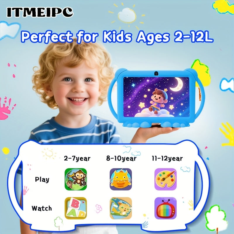 [Android 14 Tablet] ITMEIPC, 2025 New Models, 7 Inch Android Kids Tablet, Android14, 4GB(2GB+2GB) RAM 32GB ROM Dual Camera, Wi-Fi, Large Screen Learning Entertainment Tablet Parental Control Pre-installed Apps, HD Screen Protective Case High-Performance S