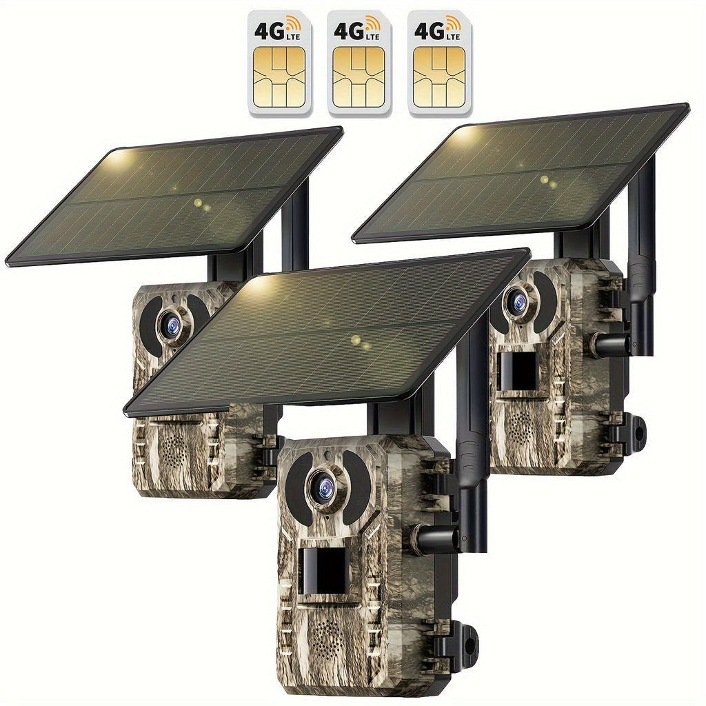 4pcs 4G LTE Cellular Trail Cameras with Ultra-HD Live View, Automatic Night Vision, A Built-in SIM Card, Remote Phone Access, 0.2s Motion Activation, And A Solar Panel for Use In Areas Without WiFi Signals. IP65 Waterproofing Makes Them Ideal for Hunting