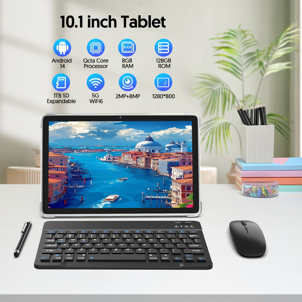 10-Inch Android 14 Tablet, 128GB 8 (4+4 Expandable) GB with 1TB Expansion, Octa-Core CPU, 8000Mah Battery, 5G Wifi 6, 2MP + 8MP Dual Cameras, 1280X800 FHD IPS, Optional Additions: Tablet with Keyboard Set/ Standalone Tablet, Tablet, Pad, Tablet, Pad