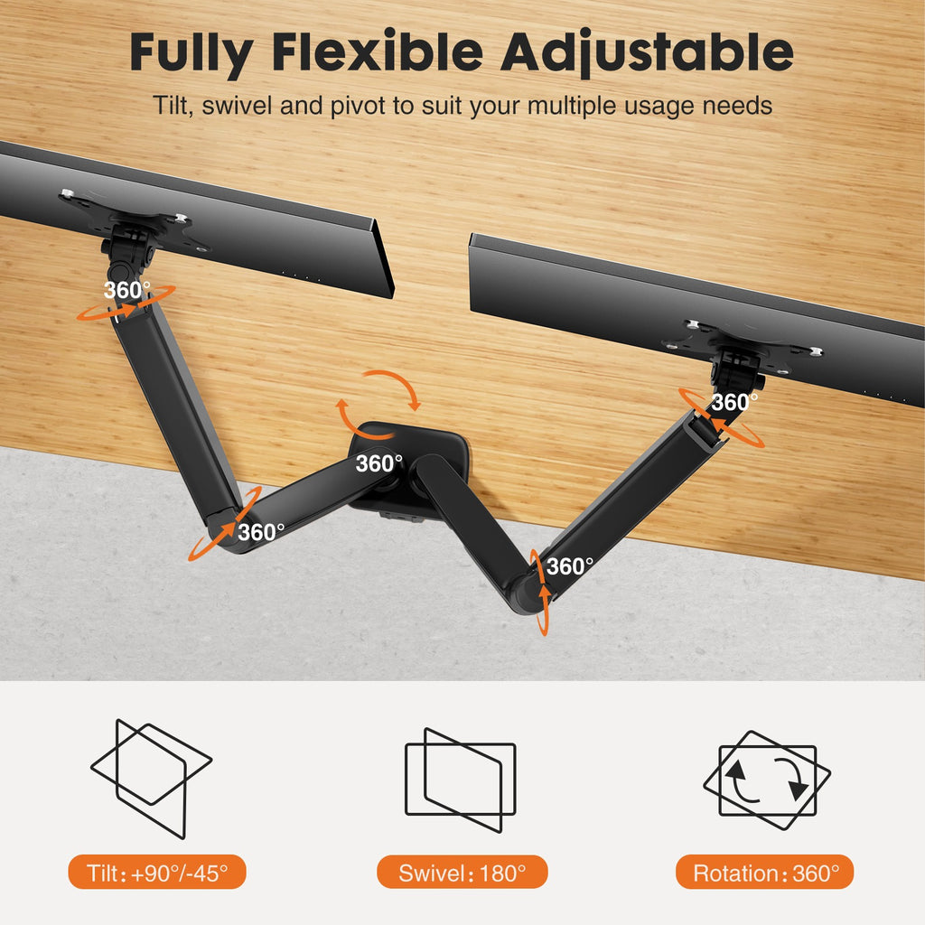 MCQ Ergonomic Single/Dual Monitor Desk Mount with Gas Spring Arm for 13-32 inch Screens, Holds up to 17.6lbs, Adjustable Height and 360 Swivel